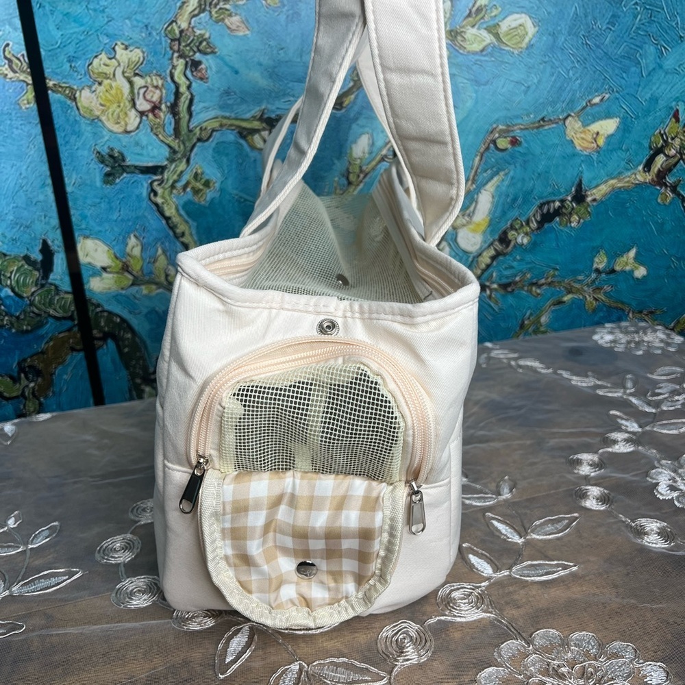 Small pet carrier by Fluffy Baby. Cream colored, linen w/ removable cushion. ￼